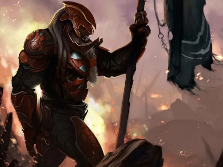 Armored Spartan from the video game Halo 3: ODST stands bruised amid a firefight, gripping a tattered banner against a burning skyline — HD PC desktop wallpaper and background.