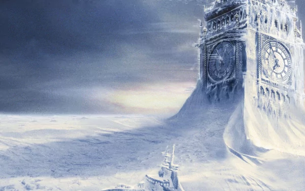 HD PC desktop wallpaper background: scene from the movie The Day After Tomorrow with Big Ben and London buried in ice and snow beneath a bleak, stormy sky.