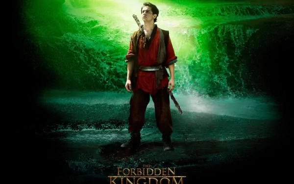 HD PC desktop wallpaper/background of The Forbidden Kingdom movie: lone warrior in red stands before a glowing green waterfall, film title displayed at the bottom.