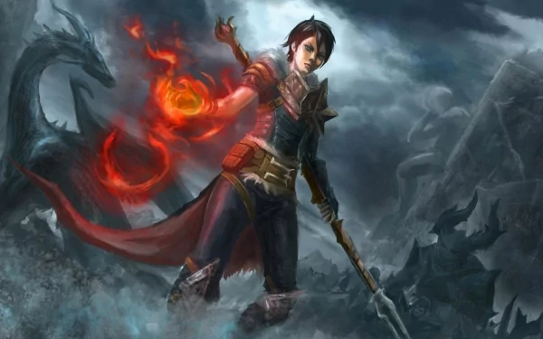 HD PC desktop wallpaper featuring a Dragon Age II character casting a fiery spell amid a stormy, dragon-filled landscape.