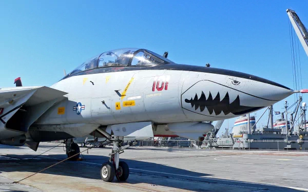 HD desktop wallpaper featuring a Grumman F-14 Tomcat military jet with shark mouth nose art on a clear day at an airbase.