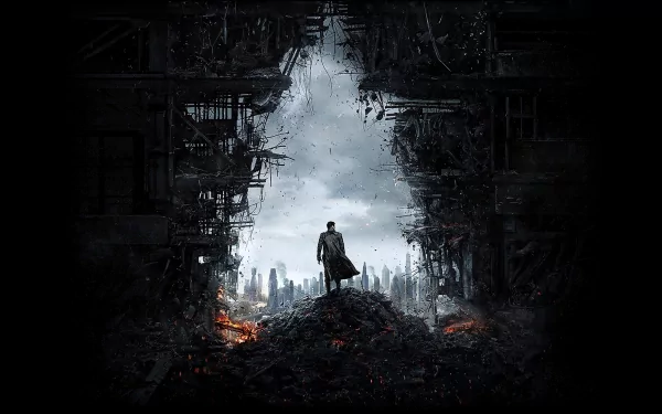 HD PC desktop wallpaper featuring a scene from the movie Star Trek Into Darkness, showing a lone figure standing amidst a dark, ruined cityscape.