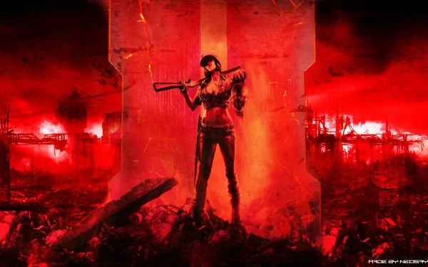 A striking HD desktop wallpaper from Call of Duty: Black Ops II, featuring a fierce character amidst a fiery, chaotic backdrop, capturing the game's intense atmosphere.