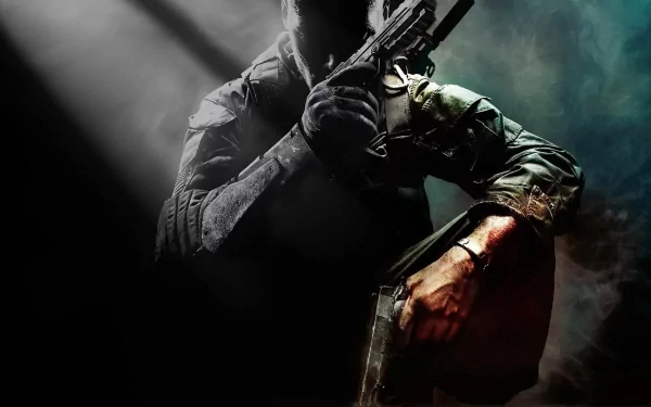 A striking HD desktop wallpaper features a soldier from the video game Call of Duty: Black Ops II, poised with a weapon in a dramatic, shadowy atmosphere.