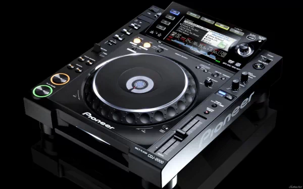 Man-made Pioneer DJ HD PC desktop wallpaper showing a Pioneer CDJ media player on a reflective black background with detailed controls and a central jog wheel.