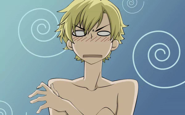 HD PC desktop wallpaper featuring a blushing, surprised blond character from the manga and anime Ouran High School Host Club with swirling patterns in the background.