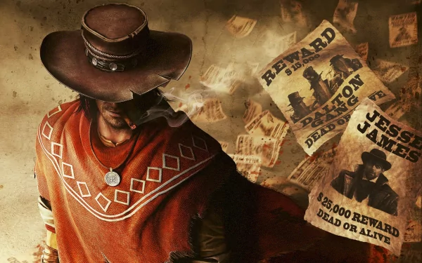 A dynamic HD wallpaper from the video game Call of Juarez: Gunslinger, featuring a gunslinger in a wide-brimmed hat surrounded by wanted posters in a dusty, vintage setting.