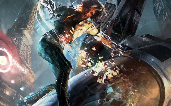 HD desktop wallpaper featuring Nilin from the video game Remember Me in an action-packed urban scene with dynamic lighting and futuristic elements.