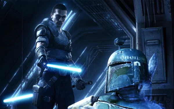 HD PC desktop wallpaper from the video game Star Wars: The Force Unleashed II, featuring a character wielding dual blue lightsabers alongside a Mandalorian helmet.