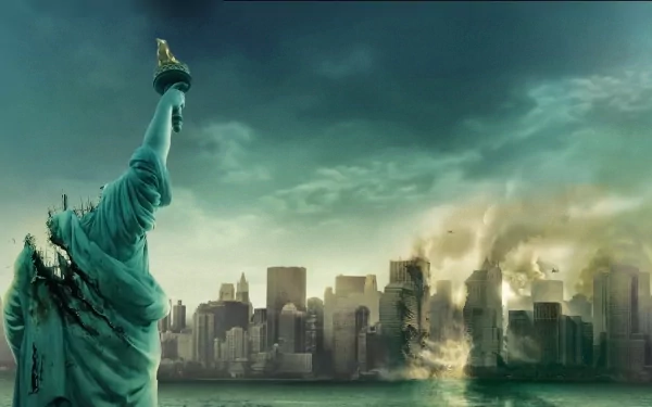 HD PC desktop wallpaper/background — Cloverfield movie scene: Statue of Liberty overlooking a smoking, damaged New York skyline with water and swirling debris.