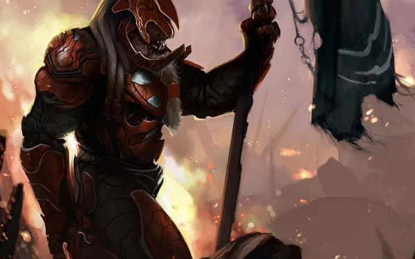 Armored Spartan from the video game Halo 3: ODST stands bruised amid a firefight, gripping a tattered banner against a burning skyline — HD PC desktop wallpaper and background.