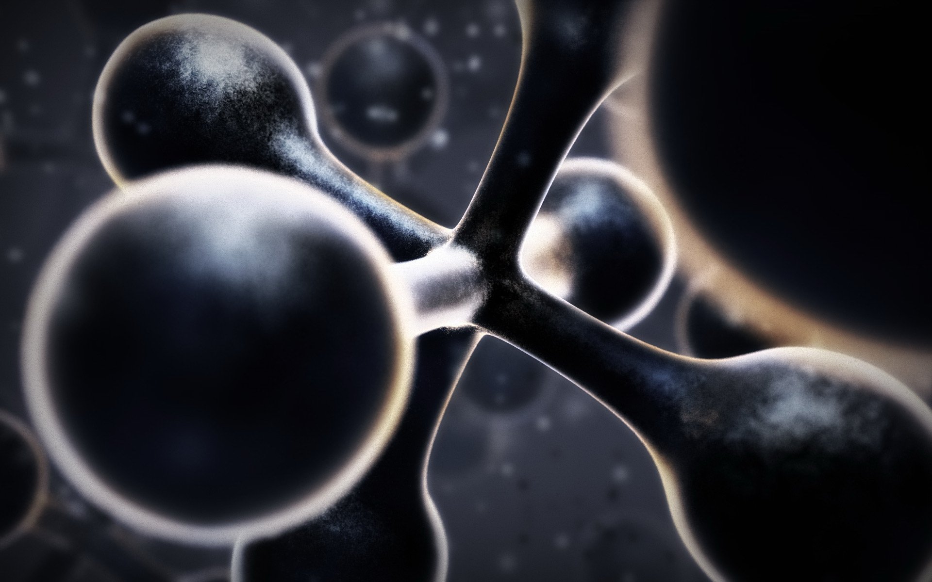 Artistic 3D art: glossy interconnected molecular spheres and rods in monochrome, HD PC desktop wallpaper background.