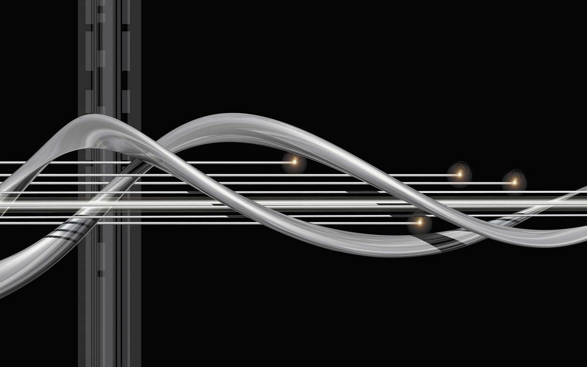 Artistic 3D art HD PC desktop wallpaper and background: intertwined metallic silver ribbons and parallel glowing lines cross a black field with vertical bars and small light orbs.