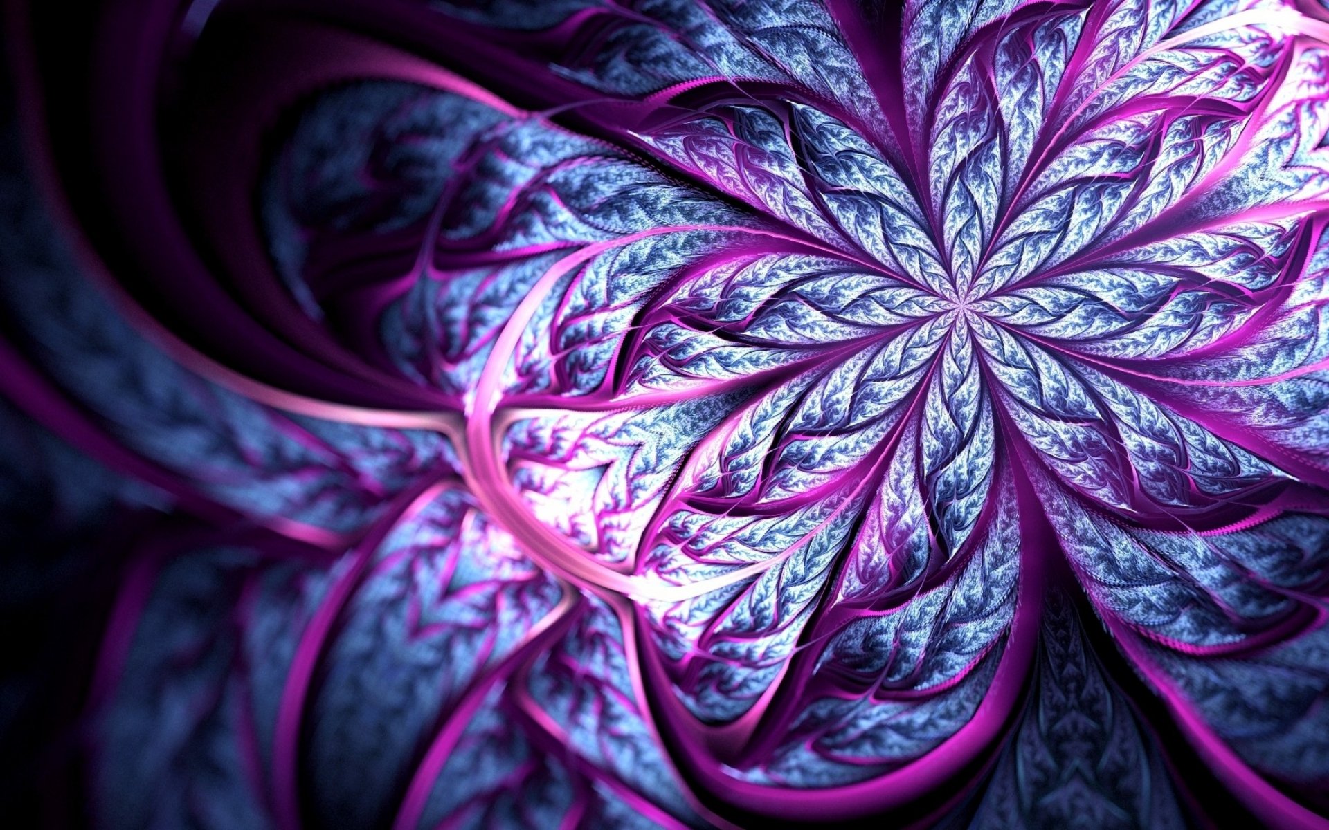 A vibrant psychedelic abstract fractal design featuring swirling patterns in vivid purples and blues, creating a captivating HD wallpaper for a dynamic background.