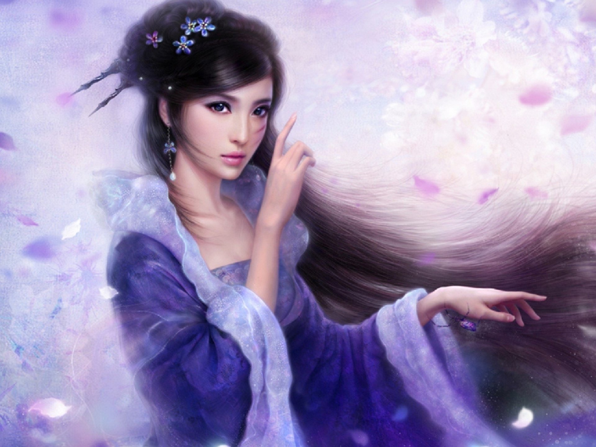 A captivating fantasy-themed HD wallpaper featuring a woman in a flowing purple gown, with long hair and delicate floral accents, set against a dreamy pastel background.