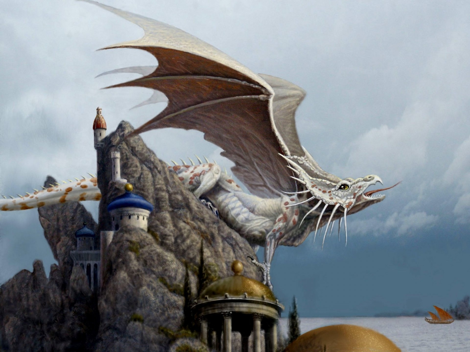 2K Quad HD PC desktop wallpaper: a white dragon perched and coiled around a rocky castle cliff, wings unfurled beneath a brooding, stormy sky.