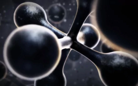 Artistic 3D art: glossy interconnected molecular spheres and rods in monochrome, HD PC desktop wallpaper background.