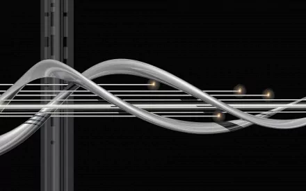 Artistic 3D art HD PC desktop wallpaper and background: intertwined metallic silver ribbons and parallel glowing lines cross a black field with vertical bars and small light orbs.