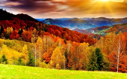 HD desktop wallpaper featuring a stunning autumn landscape with vibrant fall foliage, rolling hills, and a radiant sunset sky.