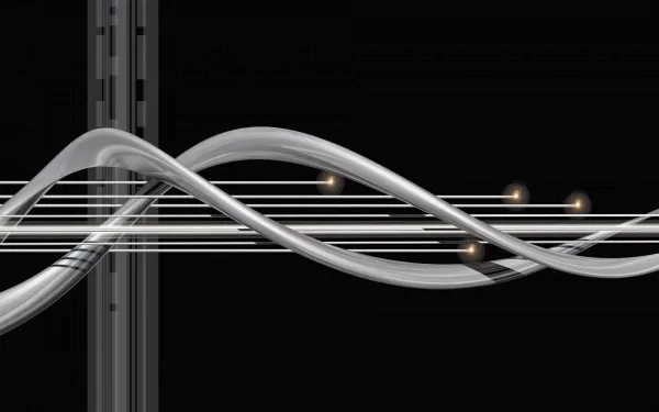 Artistic 3D art HD PC desktop wallpaper and background: intertwined metallic silver ribbons and parallel glowing lines cross a black field with vertical bars and small light orbs.