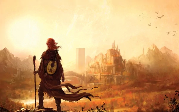 HD fantasy PC desktop wallpaper showing a man with a staff and lute overlooking a distant, sunlit castle surrounded by mountains and birds in a warm, glowing landscape.
