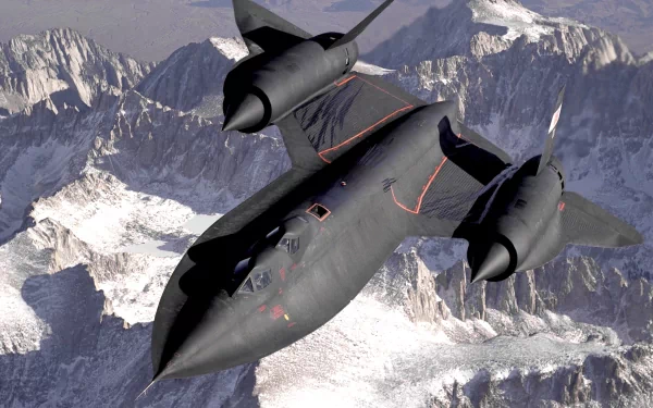 A stunning HD wallpaper featuring the iconic Lockheed SR-71 Blackbird soaring over majestic snow-capped mountains, showcasing its sleek design and military prowess.