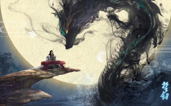 A mystical scene featuring a summoner on a rocky outcrop, surrounded by swirling spirits and an ethereal dragon against a large moon backdrop, creating a captivating fantasy atmosphere.