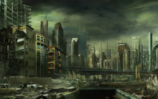 A dark, post-apocalyptic cityscape features crumbling buildings and a bleak sky, capturing a Sci-Fi atmosphere in a haunting, high-definition wallpaper.