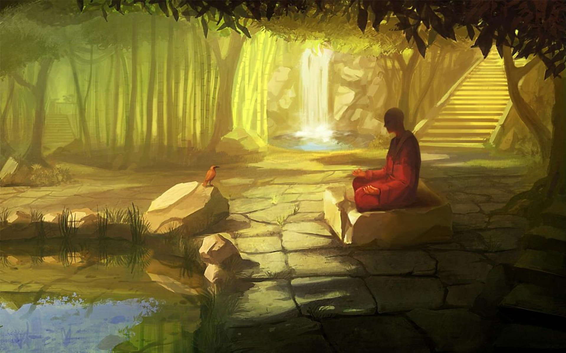 Artistic HD PC desktop wallpaper depicting a serene forest scene with a meditating figure, a small waterfall, stone steps, and a bird by a pond.