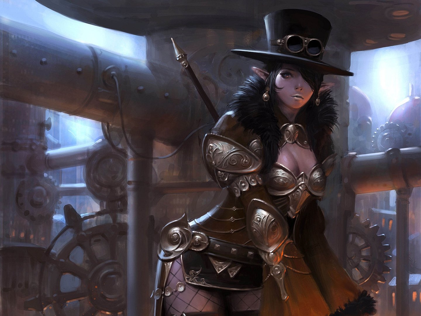 A fantasy-themed HD desktop wallpaper featuring a woman in intricate armor, with a top hat and goggles, set against a backdrop of industrial machinery and dim lighting.