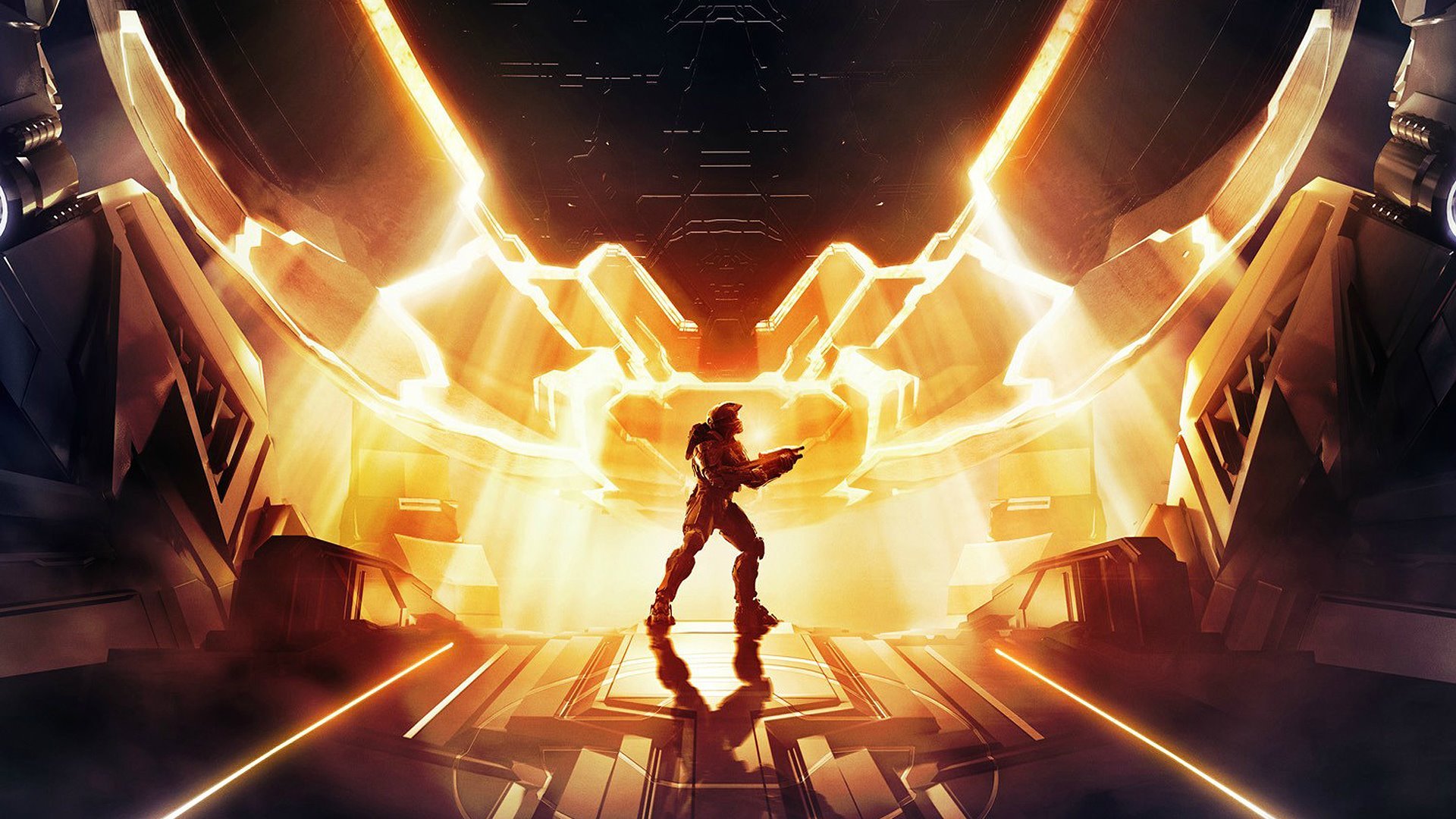 HD PC desktop wallpaper featuring a dynamic scene from the video game Halo 4, highlighting a silhouetted Spartan soldier surrounded by glowing futuristic architecture.