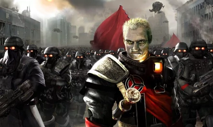 HD PC desktop wallpaper/background for the video game Killzone: Liberation — a pale, scarred commander in a red cloak leads helmeted soldiers through a smoky, war-torn city.