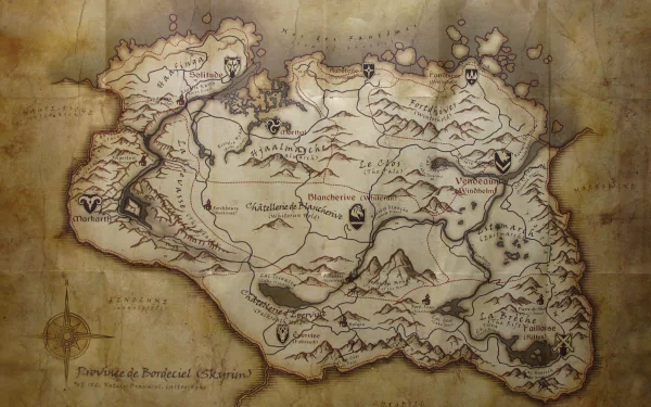 HD PC desktop wallpaper featuring a detailed map of Skyrim from the video game The Elder Scrolls V: Skyrim.