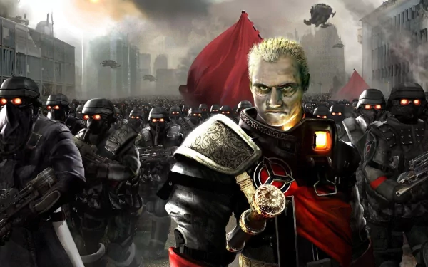 HD PC desktop wallpaper/background for the video game Killzone: Liberation — a pale, scarred commander in a red cloak leads helmeted soldiers through a smoky, war-torn city.