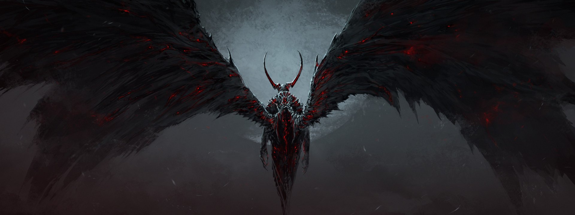 HD desktop wallpaper featuring a dark angel with expansive wings against a moody, misty backdrop.