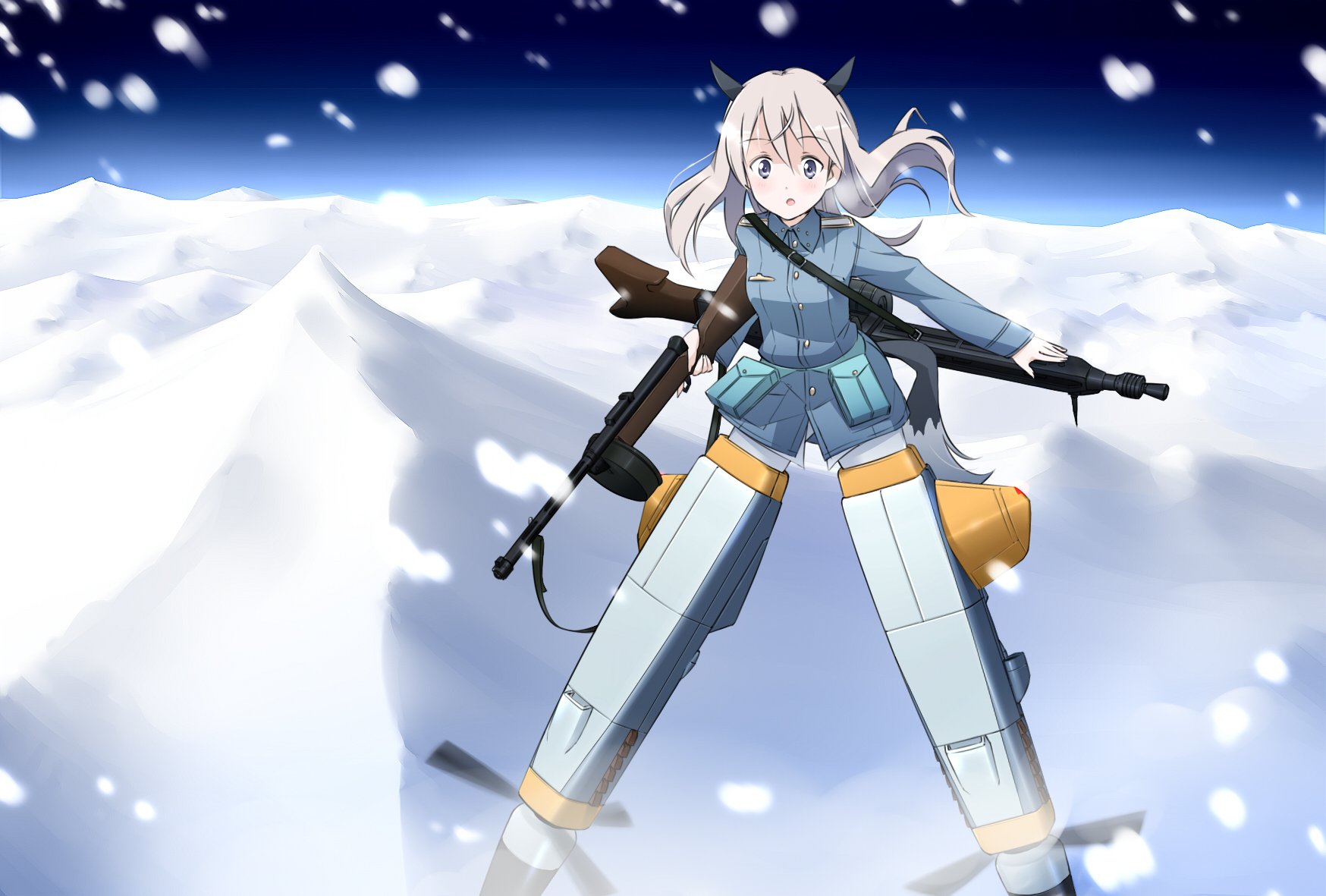 HD anime desktop wallpaper: Strike Witches character — white-haired witch wearing Striker Units, rifle in hand, hovering above snowy clouds as snow falls.
