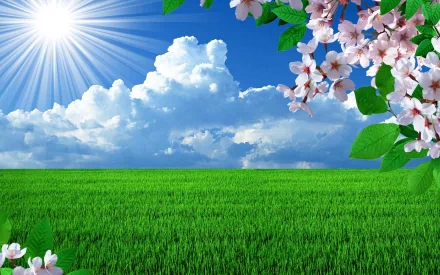 A vibrant desktop wallpaper featuring a sunny sky with fluffy clouds, blossoming flowers, and a lush green field, capturing the essence of nature in full bloom.