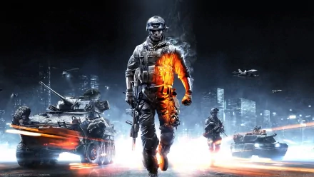 A dynamic Battlefield 3 HD PC desktop wallpaper featuring a soldier in combat gear, surrounded by military vehicles and an urban backdrop, showcasing intense action and excitement.