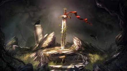 HD PC desktop wallpaper from the video game Trine 2 featuring a sword with a red ribbon embedded in a stone pedestal surrounded by mist and rocky terrain.
