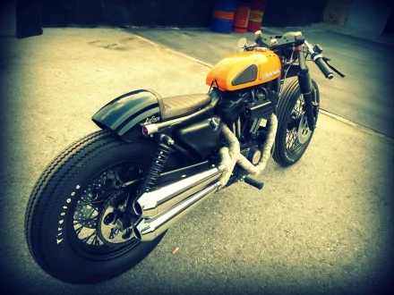 Harley-Davidson 883 cafe racer with orange tank and black frame parked on pavement — HD PC desktop wallpaper background