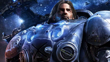 HD PC desktop wallpaper featuring a character in futuristic armor from the video game Starcraft II: Wings of Liberty, set against a starry cosmic background.