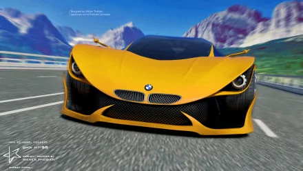 3D render of a yellow BMW MT-58 supercar concept design on a mountain road, showcased as an HD PC desktop wallpaper and background.