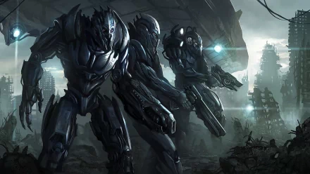 Futuristic warriors stand in a desolate landscape under an ominous eclipse, showcasing a captivating scene from a video game. HD PC desktop wallpaper background.