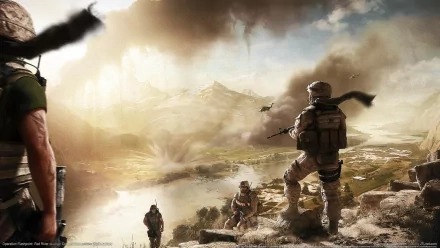 HD PC desktop wallpaper for the video game Operation Flashpoint: Red River — soldiers in desert gear overlook a valley as helicopters and explosions cloud the sky.