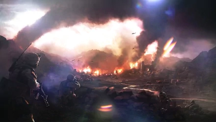 HD PC desktop wallpaper featuring a dramatic battlefield scene from the video game Operation Flashpoint: Red River with soldiers and fiery explosions.