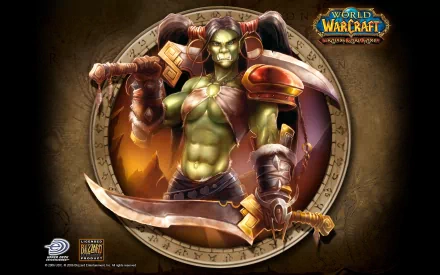 HD desktop wallpaper featuring an orc warrior from the World of Warcraft: Trading Card Game with a detailed circular background and the game logo in the corner.