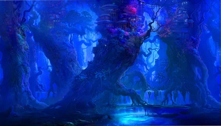 HD PC desktop wallpaper: a blue-hued fantasy city grown into gargantuan trees, with suspended dwellings, glowing flora and reflective pools in an enchanted forest cityscape.
