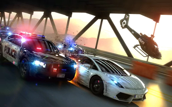 High-definition desktop wallpaper featuring intense action from Need For Speed: Most Wanted, showcasing a police chase with a sleek sports car and helicopter under a dramatic sunset.
