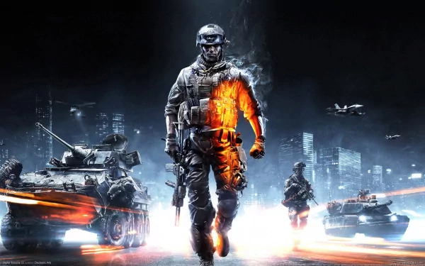A dynamic Battlefield 3 HD PC desktop wallpaper featuring a soldier in combat gear, surrounded by military vehicles and an urban backdrop, showcasing intense action and excitement.