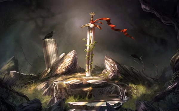 HD PC desktop wallpaper from the video game Trine 2 featuring a sword with a red ribbon embedded in a stone pedestal surrounded by mist and rocky terrain.